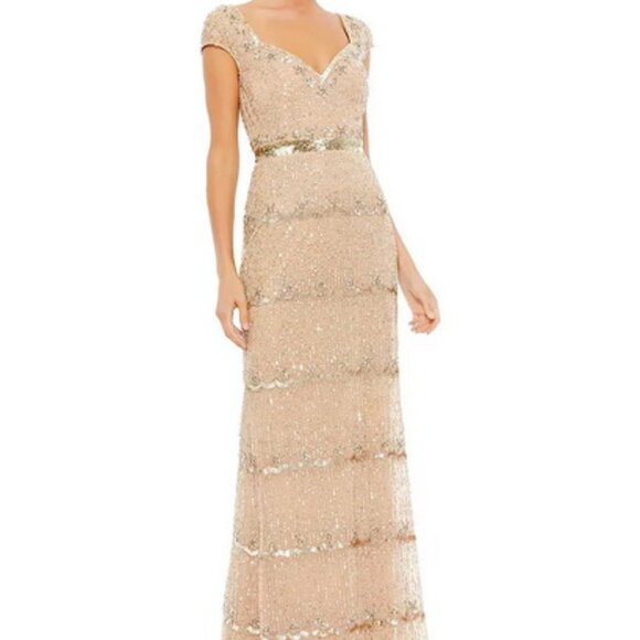 Mac Duggal Dresses & Skirts - Mac Duggal Nude Beige Gold Cap Sleeve Embellished Column Gown